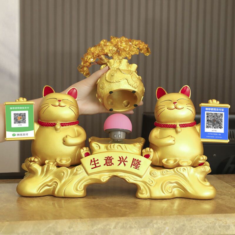 创意招财猫金色摆件店铺收银台发财装饰二维码新店开张送礼物礼