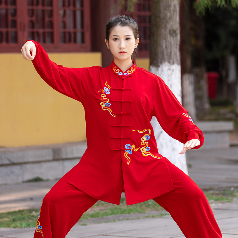 太极服女款新款红色太极拳练功服高档刺绣八段锦比赛表演武术服男