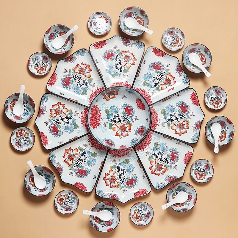 网红拼盘餐具组合套装花开富贵中式家用陶瓷餐具过年团圆摆盘碗碟