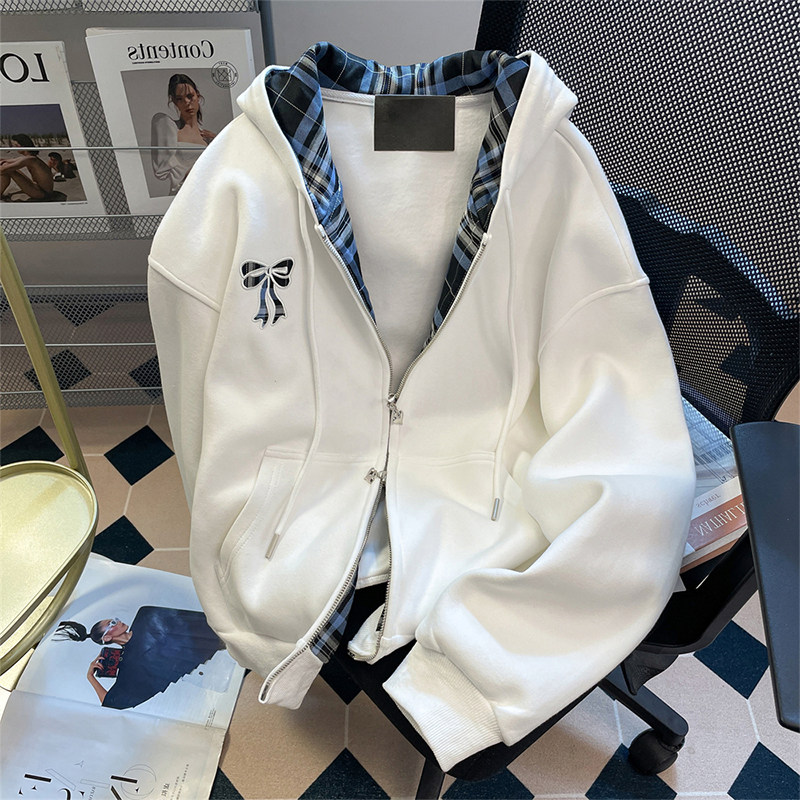 브랜드 대외 무역 카운터가 마지막 재고를 철회했습니다 아메리칸 리본 자수 스플라이싱 체크 무늬 가디건 후드 스웨트 셔츠 재킷
