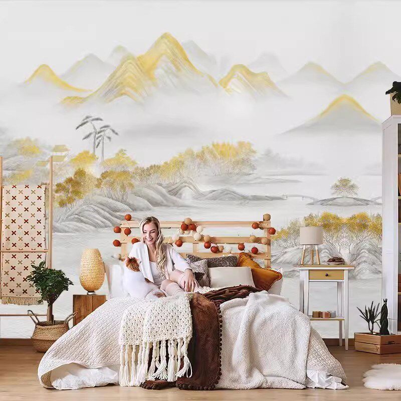 热销新中式国画水墨山水金山电视机沙发背景墙纸壁纸客厅装饰壁画