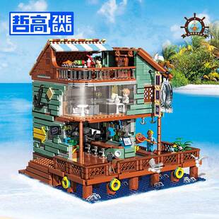 哲高微颗粒街景00423海港餐厅渔夫小屋高难度儿童益智拼装积木