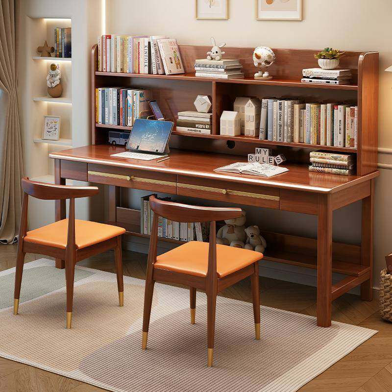 简约现代实木双人电脑桌家用加长儿童学习写字桌学生书桌书架一体