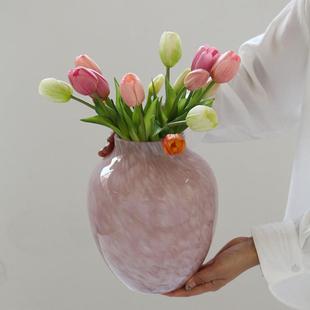 北欧中古淡粉色玻璃花瓶鲜花郁金香圆桶花器高颜值插花客厅装 饰摆