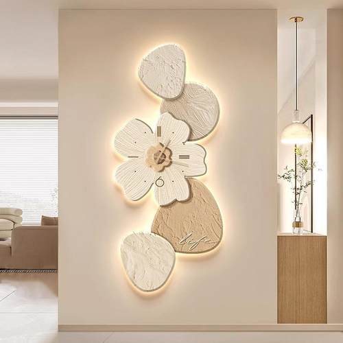 奶油风石来运转花卉入户玄关装饰画带钟表轻奢高级感走廊过道挂画