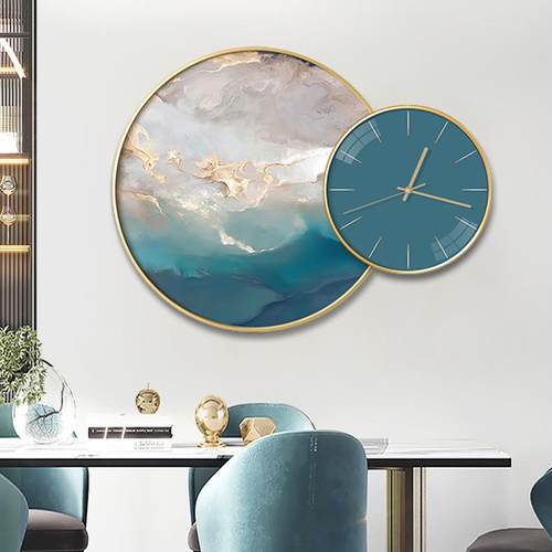蓝色随想入户门玄关装饰画客厅沙发背景圆形带钟表组合挂画餐厅画