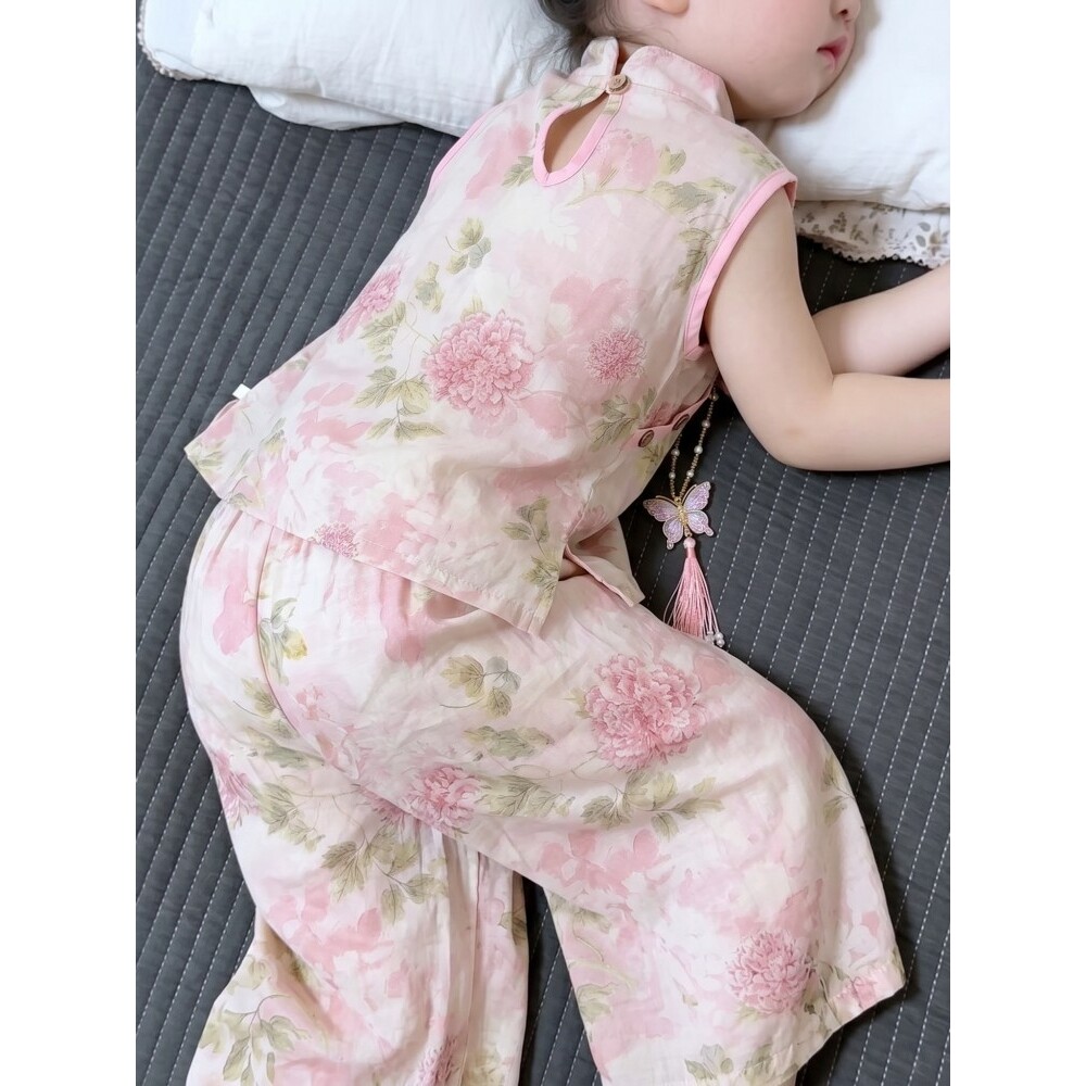 儿童a类棉绸套装女童无袖背心裤子两件套中大童可外穿国风家居服