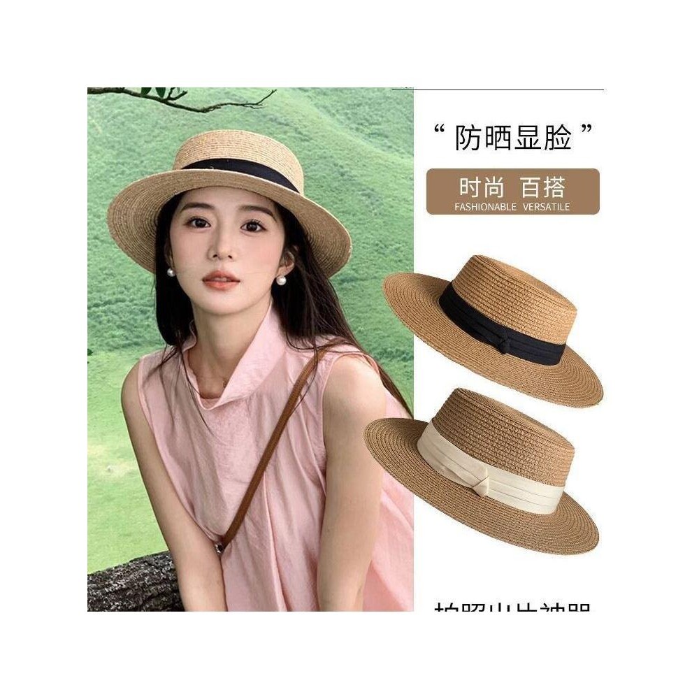 平沿帽子女夏海边平顶草帽沙滩法式度假遮阳防晒巴拿马草编织礼帽