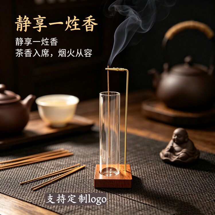 可定制黑胡桃木玻璃倒挂香插线香底座香插盘檀香底座托轻奢沉香炉