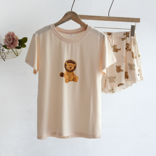 针织人短小狮子居家服套装 长裤 睡衣夏棉裤 速发珠家美绪闺蜜款