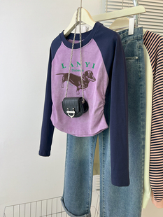 速发美底复古插肩袖长袖短新T恤2024款款大码打式上衣