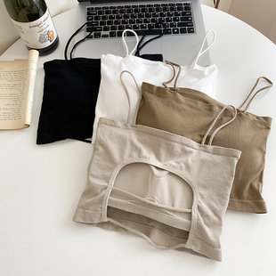 速发辣妹带胸垫露背吊短小背心夏白季色美背内搭设计感带款上衣外