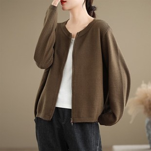 速发纯色简约休闲圆领针织开衫 短外套毛勤链搭宽松拉百通衣