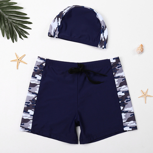 速发儿童泳裤中大童男孩青迷年学套少彩平角泳裤泳帽生装游泳速干