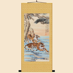 速发双虎合欢图式书虎老虎动物画卷轴挂画 中 复古猛房装饰画