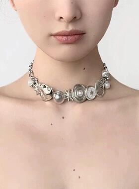 银色耶诞 钮扣元素朋克风小众原创设计钛钢项炼choker