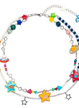 王鹤棣同款滴油珍珠宇宙色彩珠叠穿项炼