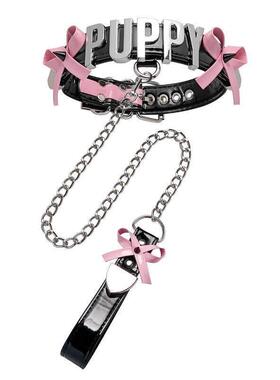 英文字母漆皮蝴蝶结项圈女式choker小狗牵引绳造型多色彩文玩