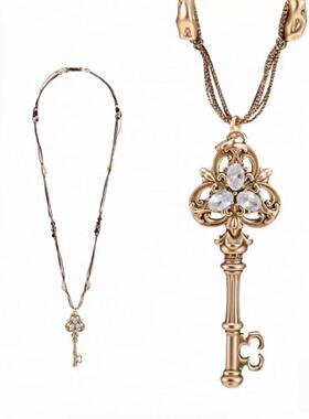 金色爱锁芯系列浮雕钥匙串珠编绳项链复古气质毛衣链时尚个性百搭