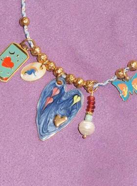 in博主的相同风格的美国嬉皮彩色垂坠编织绳项炼小众设计锁骨炼颈