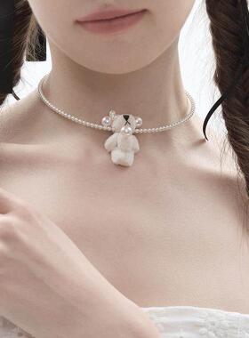 秋冬耶诞节可爱毛绒白色小熊项圈珍珠choker项炼女