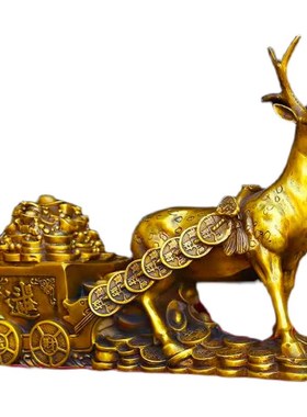 速发纯黄铜聚宝盆 元宝铜鹿拉车家居一鹿发财 店铺礼品摆设
