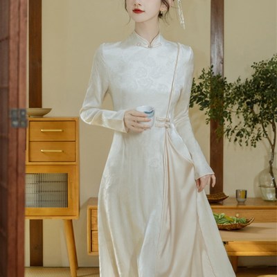 速发新中式伴娘服穿时订平秋冬季长袖旗袍连衣裙可婚礼服茶服中国