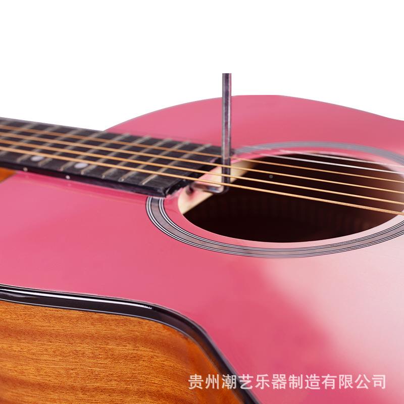 6寸圆谣角民吉他亮光云杉沙比利吉他粉色渐变初MCC学gui木t工厂
