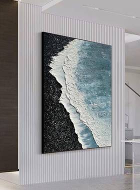 手绘油画色海景抽抽象客厅GJU装饰画石英砂立体肌蓝理玄关入户挂