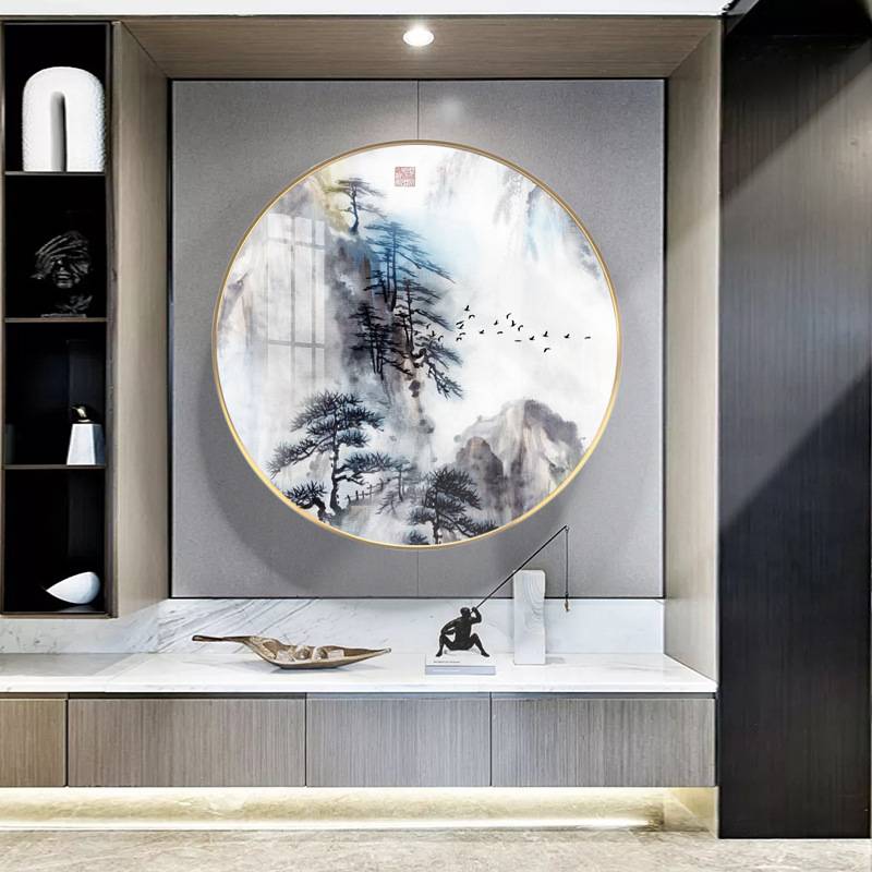 迎客松 新中式圆形客厅装饰画水墨书房挂画山水飞鸟风景茶室壁画图片