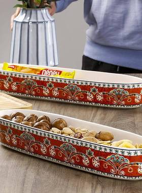 法式椭圆盘家创陶瓷包盘子用干果TNL面盘个意性复古长条餐盘