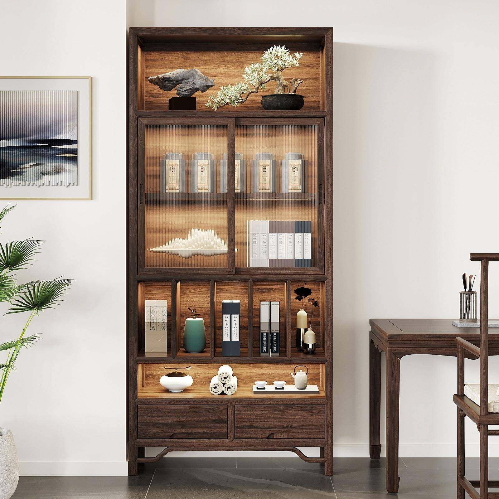 新办中式实木博古架PGY多阁推拉玻璃宝门书架公室书柜物落地茶室