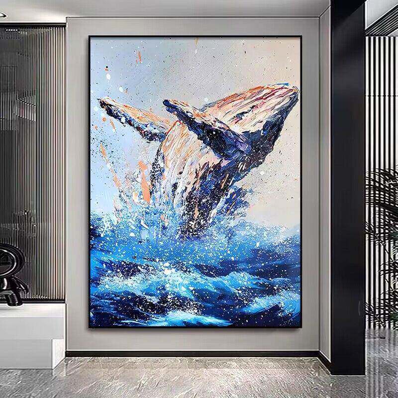 纯手绘油BTA画黑鲸鱼白客厅关装饰画高档入过户玄挂画走廊道抽象