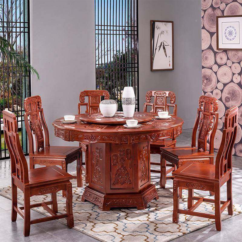 中式实木式圆形餐DOH桌雕花橡木大圆桌家用饭桌10中人仿古组餐桌