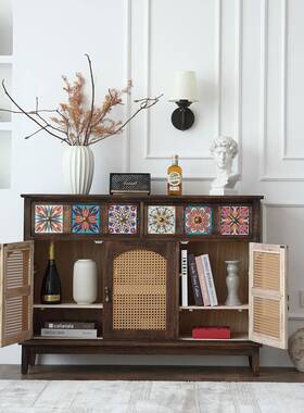 实餐边柜编斗柜客厅一体靠墙复古藤纳收柜彩绘玄木关85528储物柜