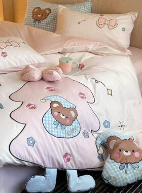 可儿爱HNO卡通圣全棉水洗棉四件套诞纯棉刺绣被套床单童树三件套