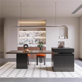 岛台餐储桌一体伸缩餐厅家用岩板中可岛台黑多胡桃HAR木中古风功