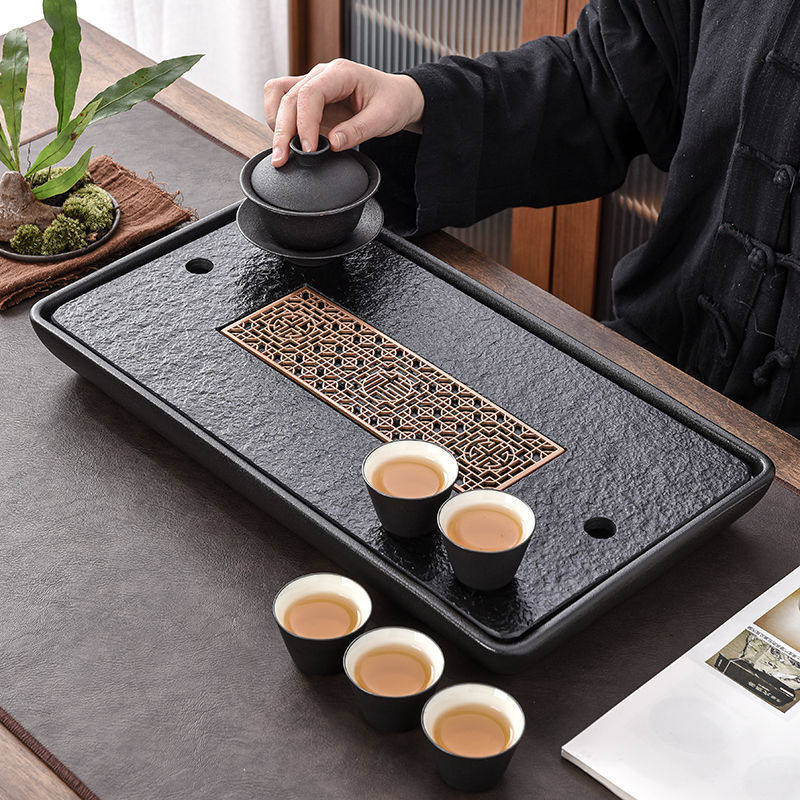 陶瓷储水两用式茶盘排水乌金石小型茶台中式简约家用长方形石茶盘