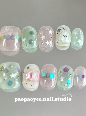 桃梨泡泡ins风原创手工定制穿戴甲立体浮雕水果幻彩泡泡亮片美甲
