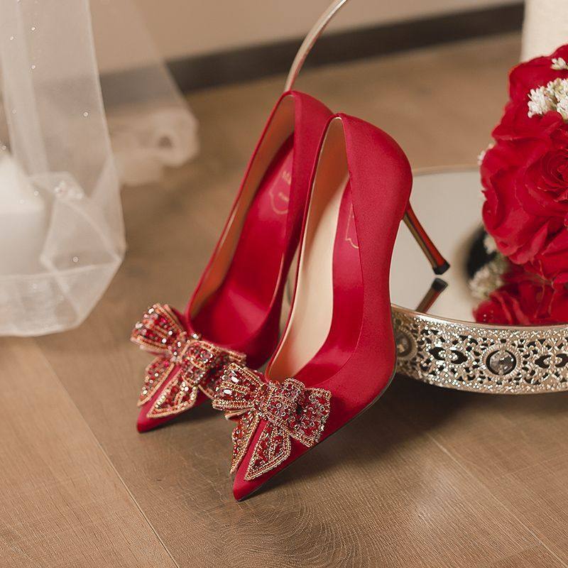 红色蝴蝶结婚鞋不累脚高级感高跟鞋2025年新款秀禾婚纱两穿新娘鞋,女鞋,婚鞋,淘宝优惠券,粉丝福利购,淘宝优惠卷