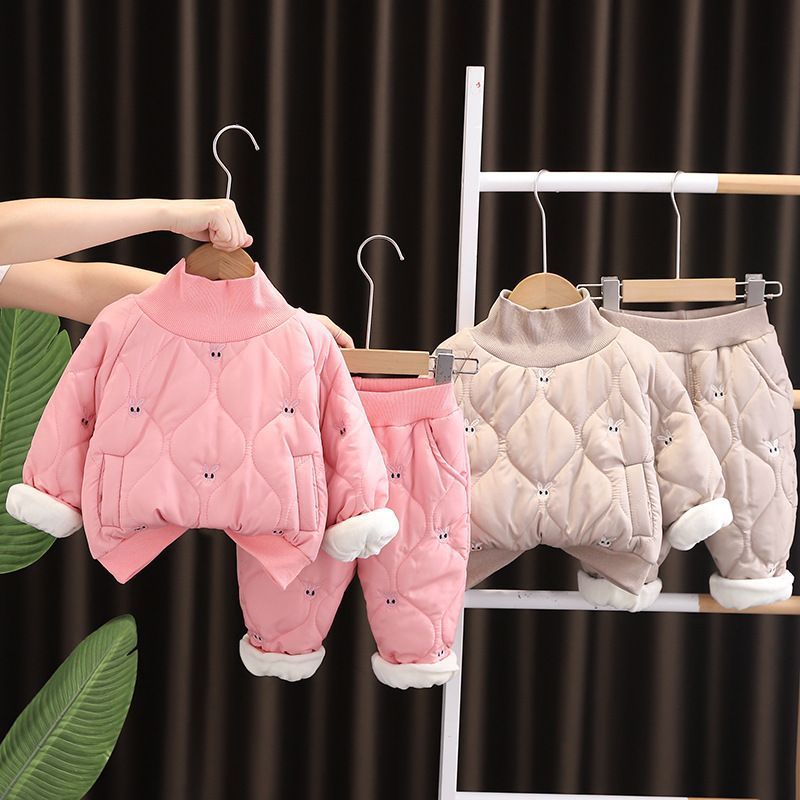 棉服加绒两件套冬季中小童半高领衍棉休闲套装