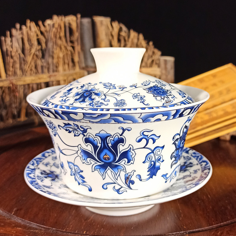 盖碗茶杯 茶碗大号茶具景德镇青花瓷泡茶碗陶瓷白瓷三才碗手抓壶