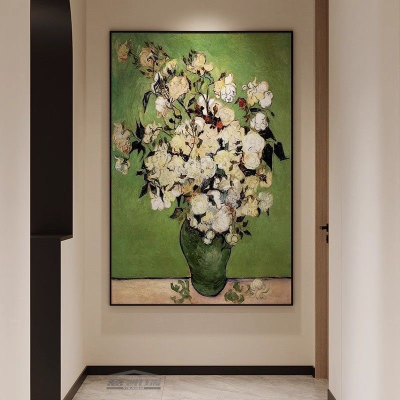 梵高作品《玫瑰花》世界名画艺术抽象玄关挂画走廊大气房间装饰画