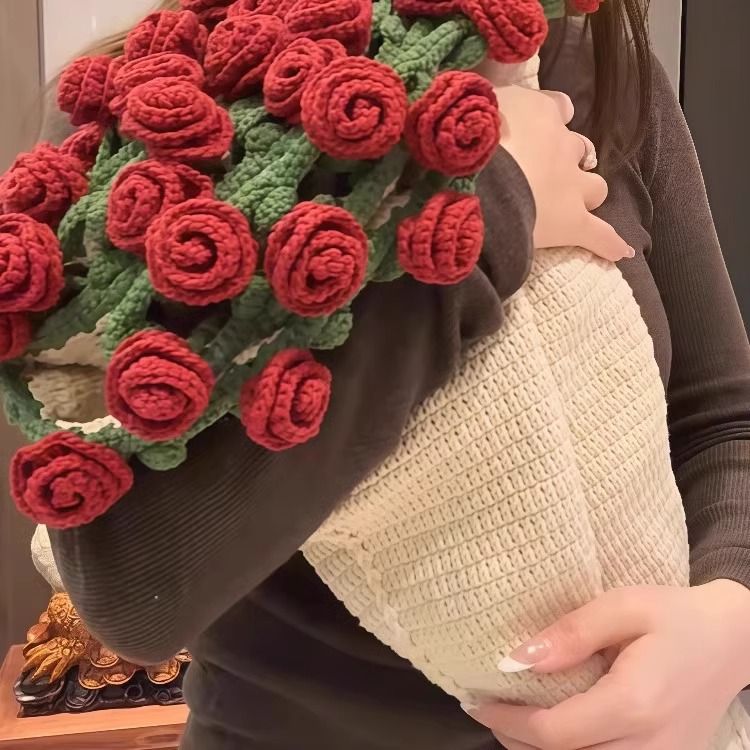diy玫瑰花束毯子手工编织材料包毛线团送对象花朵毛毯含毛线工具