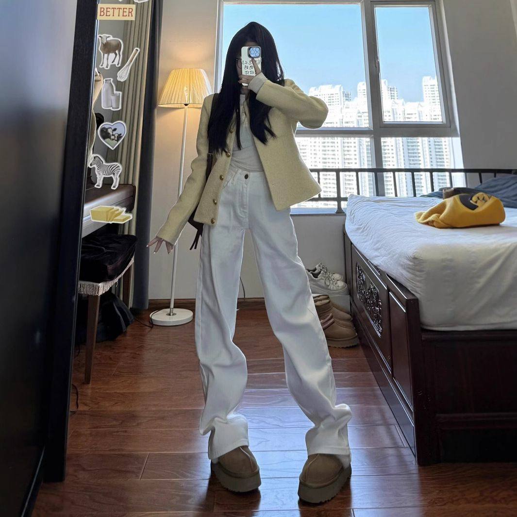 175高个子加长版180窄版白色阔腿牛仔裤女高腰宽松垂感直筒拖凌之