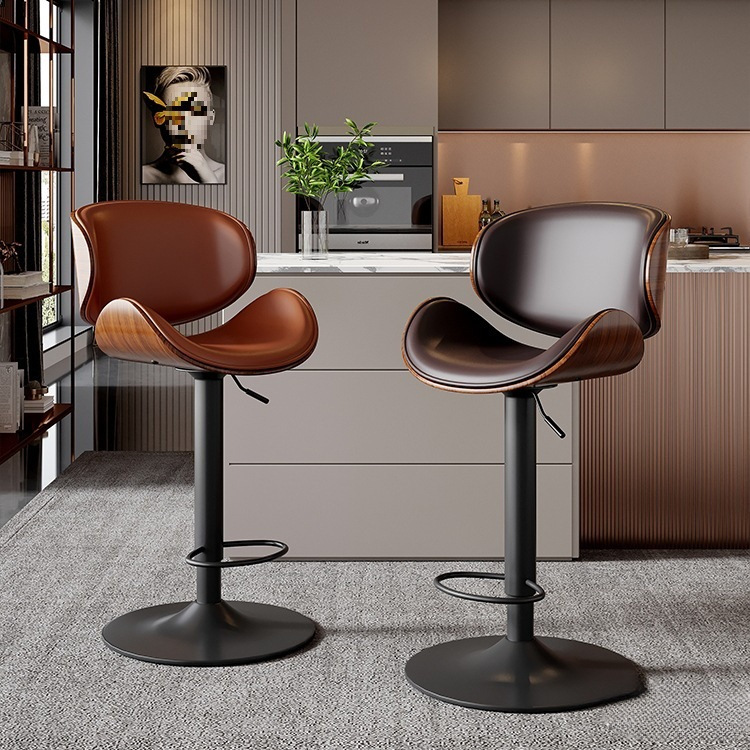 吧台椅升R降现代简约铁艺轻奢靠背高脚凳子家用牛皮吧台凳前台椅