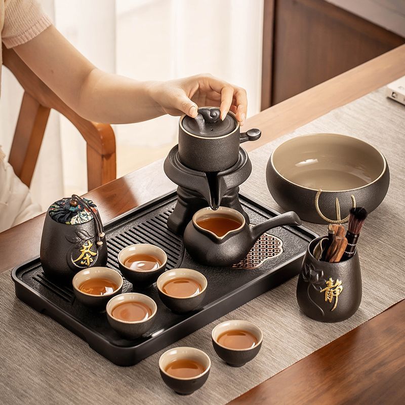 家用黑陶装泡茶办公室自动高档神器茶具小套茶壶石磨全套懒人功夫