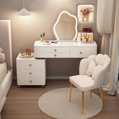 岩板实木梳妆台卧室奶油风现代简约高级轻奢可伸缩书桌化妆桌一体