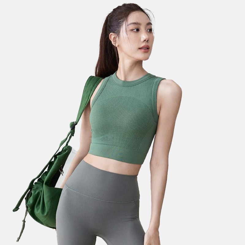 LULU新款背心一体杯透气运动内衣女圆领高弹修身显瘦透气绿色内搭