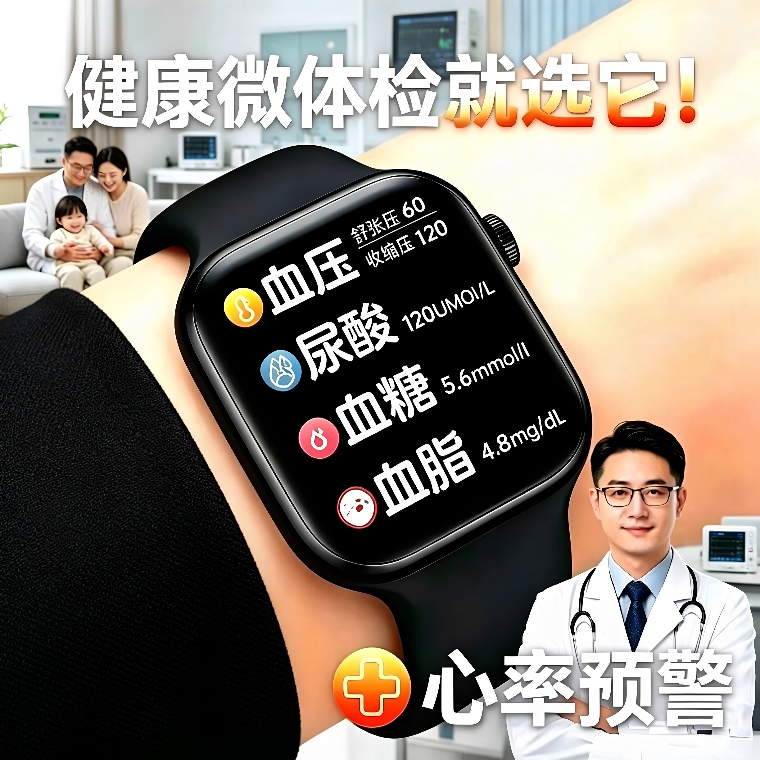 高精度三高血压血糖智能手表血脂尿酸微体检心率血氧健康通话手环